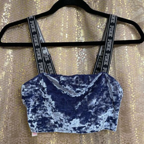 PINK Victorias Secret navy blue velvet unlined crop top, S NWOT - Picture 1 of 5